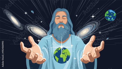 Divine creator figure with a blue beard holding the earth and surrounded by swirling galaxies in deep space.
