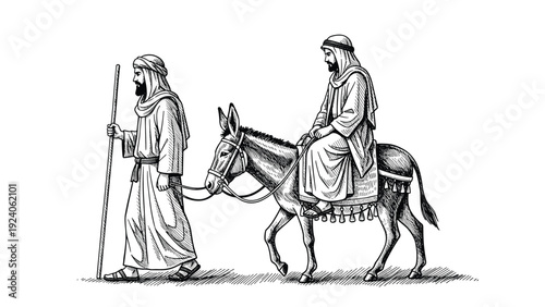Traditional vintage sketch of two Middle Eastern men traveling across the desert with a burdened donkey.