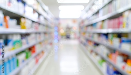 Vibrant drugstore aisle capturing a colorful pharmacy display in a brightly lit environment