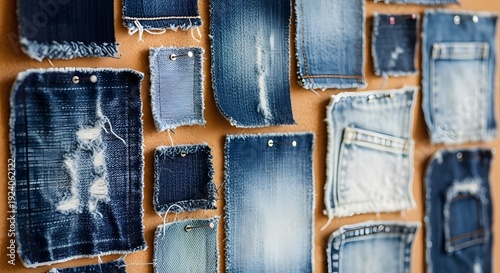 Denim Fabric Swatches Collection Pinned on Cork Board Various Washes Distressed Jeans Fashion Design