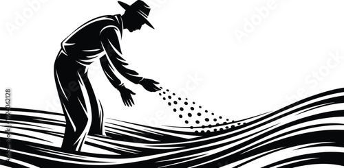 Farmer sowing seeds in field silhouette, agriculture planting concept black vector illustration isolated on white background for farming design