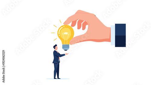 Large hand passing a glowing light bulb to a small businessman representing the transfer of ideas or mentor inspiration.