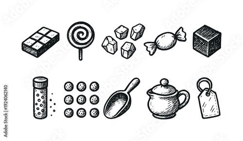 Candy, sweets sketch icon set. Hand-drawn, outline collection of sweet treats