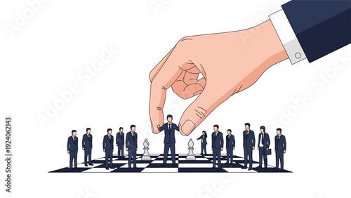 Giant corporate hand moving businessmen like chess pieces on a board to illustrate human resource strategy.