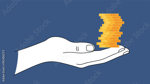 Outlined hand holding a tall stack of golden coins against a dark blue background representing savings and wealth accumulation.
