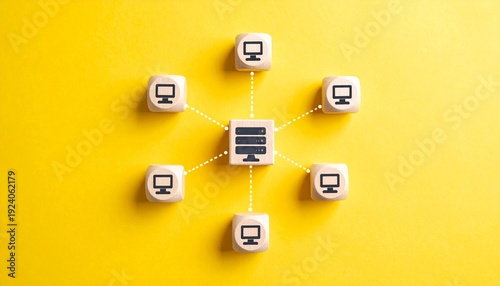 Central server block connected to computer monitor blocks.