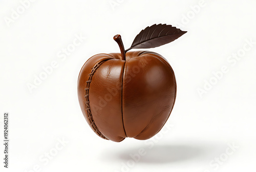 Wallpaper Mural Apple leather brown with stitched design and leaf on white background featuring fruit icon, fruit symbol, realistic fruit, clean composition on simple background Torontodigital.ca