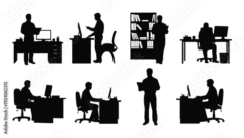 Office workers in various positions and activities isolated on white background, Vector