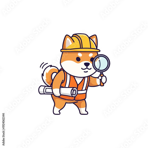 Cute Shiba Inu Construction Worker Inspecting Plans with Magnifying Glass and Hard Hat. Adorable Engineer Dog Mascot with Blueprint.