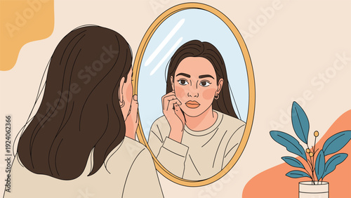 Back view of a young woman looking at her reflection in a round mirror while touching her face in a warm lit room.
