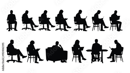Various office workers sitting in different positions isolated on white background, Vector
