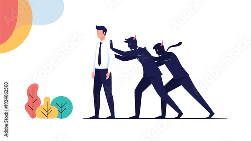 Silhouette of two shadowy demons with horns and tails pushing a businessman in a white shirt and tie from behind.