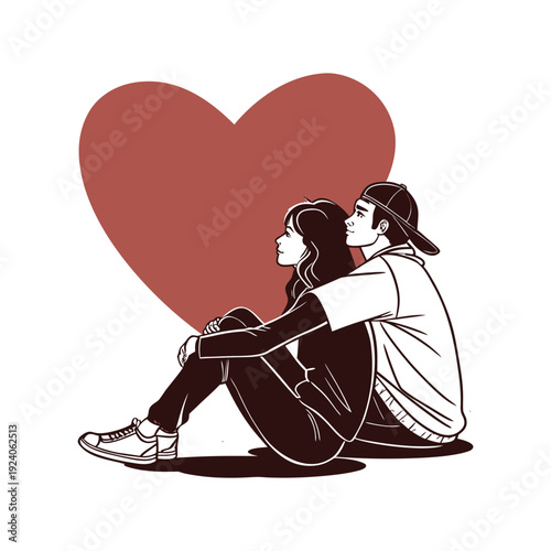 Romantic couple sitting together with large heart illustration symbolizing intimacy, harmony, trust, and lasting love relationship concept