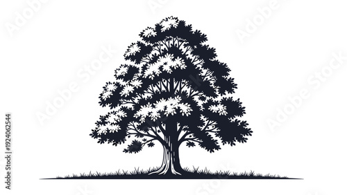 Majestic oak tree stands alone in a field against a plain white background in a detailed black and white nature illustration with fine branches.