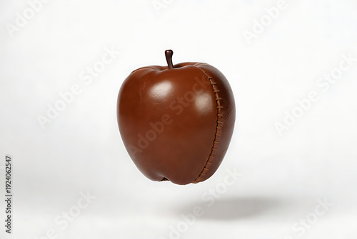 Wallpaper Mural Apple leather brown with stitched detail and stem on white background, photorealistic featuring fruit, realistic, shadow with studio shot and still life elements for fashion, accessory projects, Torontodigital.ca