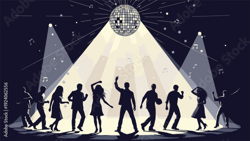 Silhouettes of diverse people are dancing enthusiastically under a bright disco ball with stage lights and musical notes at a night club party.