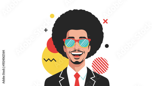 Smiling man with a large afro hairstyle and colorful sunglasses wears a suit against a geometric patterned background with various bright shapes.
