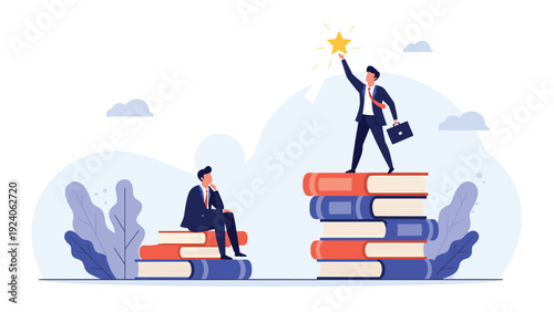 One man sits thoughtfully on a small pile of books while another reaches for a bright star from atop a taller stack in a knowledge competition.