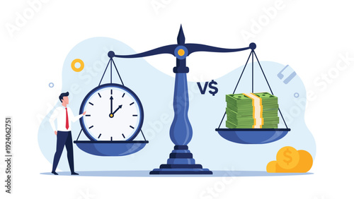Professional businessman stands next to a large balanced scale weighing a clock against a thick stack of dollar bills in a simple workspace.