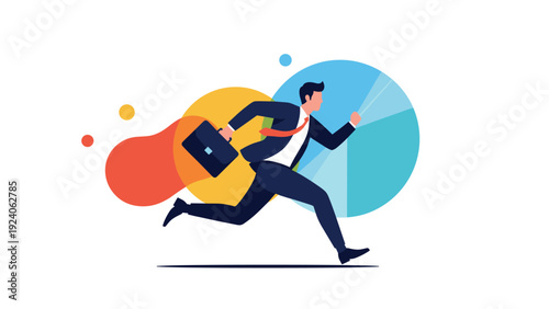 Fast businessman in a formal suit runs quickly with a briefcase against a background of colorful abstract circles and shapes for work concept.