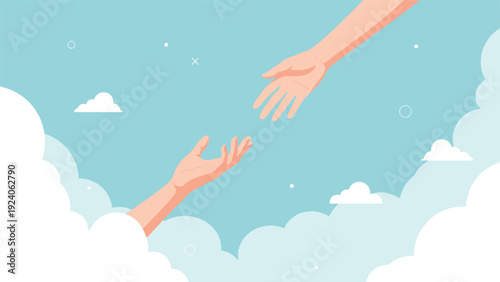 Two human hands reach toward each other against a blue sky with fluffy white clouds to symbolize help and connection.