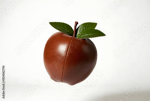 Wallpaper Mural Apple leather object with stitched seam and green leaves, surreal food concept on white background, minimalist studio lighting, creative vegan material idea Torontodigital.ca