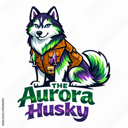 Dynamic Aurora Husky logo featuring a colorful sled dog dressed for the cold, symbolizing loyalty, courage, endurance, and the lively spirit of Alaskan adventure and teamwork