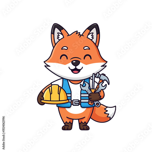 Cute Cartoon Fox Builder Mascot with Hard Hat and Tools - Professional Construction & Repair Worker Character Isolated