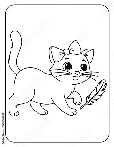 Playful kitten walking and chasing a feather coloring sheet for kids.