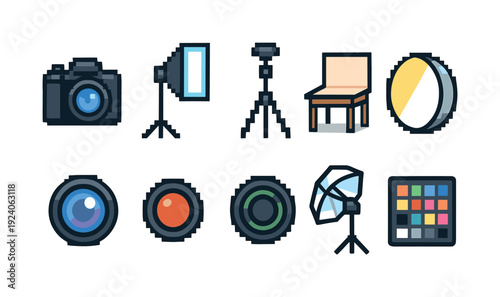 Photography equipment flat icon set. Camera, lighting, tripod, lens flat collection