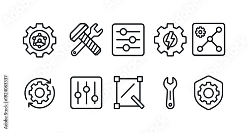 Engineering, construction outline icon set for technical and mechanical projects