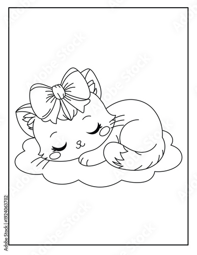 Adorable kitten sleeping on a fluffy cloud coloring page for children.