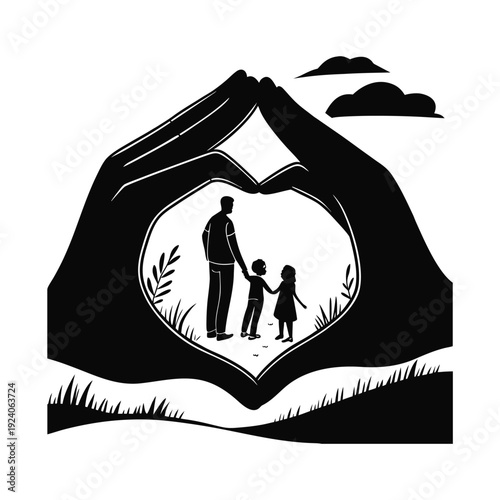 Silhouette of parent and child holding hands in heart-shaped frame