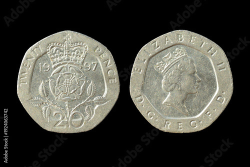 Φωτογραφία British 20 Pence Coin 1997, Elizabeth II, Obverse and Reverse Sides Isolated on