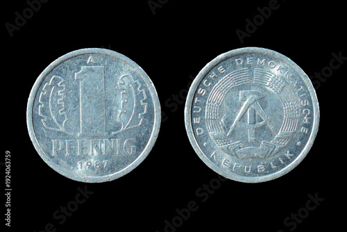 East Germany 1 Pfennig Coin 1987, Aluminum DDR Currency, Obverse and Reverse Sides, Isolated on Black Background