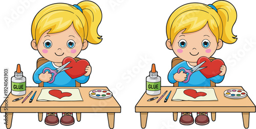 A cartoon illustration of a young girl with blonde hair in a ponytail, wearing a light blue sweater with a pink collar, sitting at a wooden table.