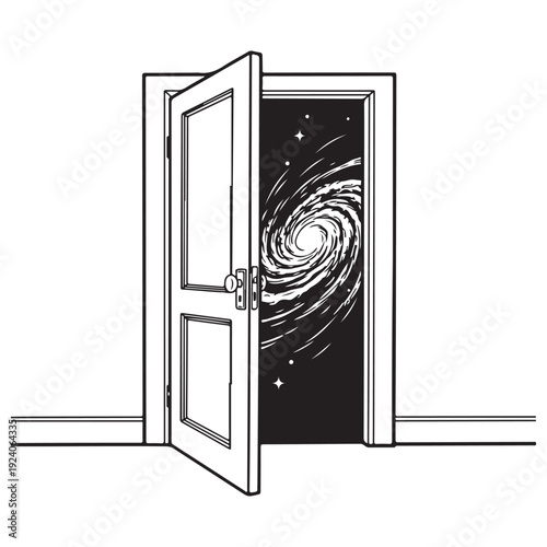 Minimalist black and white line art illustration of an open door revealing a swirling galaxy and stars in outer space, symbolizing a portal to another dimension and infinite cosmic possibilities.