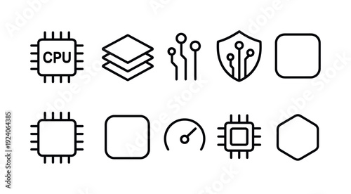 Technology, computing outline icon set. Tech, circuit, cpu, hardware, network icons collection