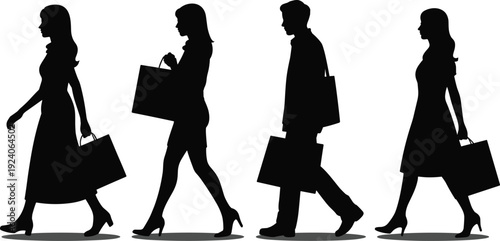 Black silhouette of stylish shoppers walking with shopping bags, fashionable men and women isolated on white background, vector illustration for retail and lifestyle concepts.