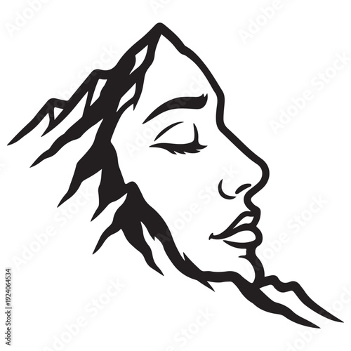 Minimalist line art of a woman's face profile merged with a mountain range, representing inner peace, dreaming, and a deep connection with nature, featuring a serene and spiritual aesthetic.