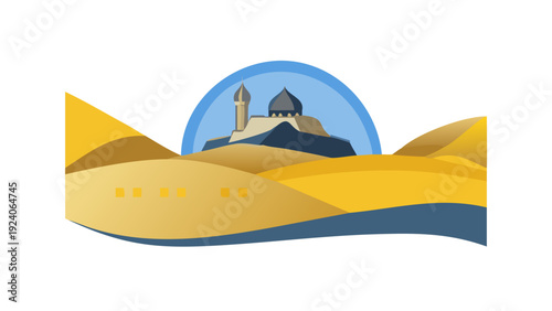 Desert landscape with mosque