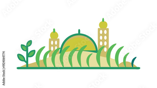 Illustrated mosque in a serene landscape