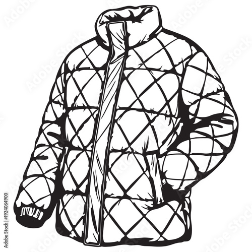 Quilted puffer jacket illustration displayed as a black and white line art vector for winter fashion design, outdoor apparel concepts, and coloring book pages in a minimalist graphic style.