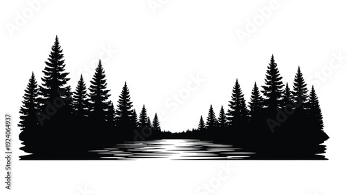 Serene lake scene with evergreen trees isolated on white background, Vector