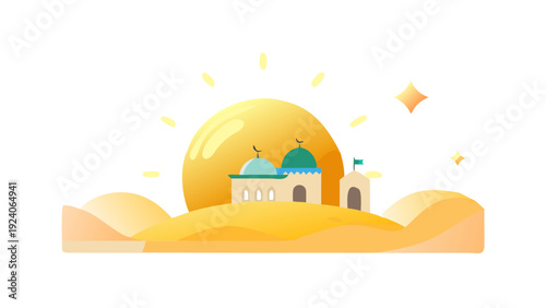 Desert oasis with mosque