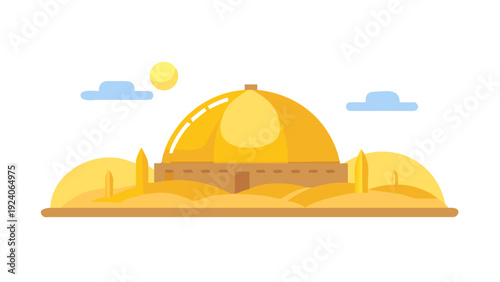 Illustrated dome structure in desert landscape