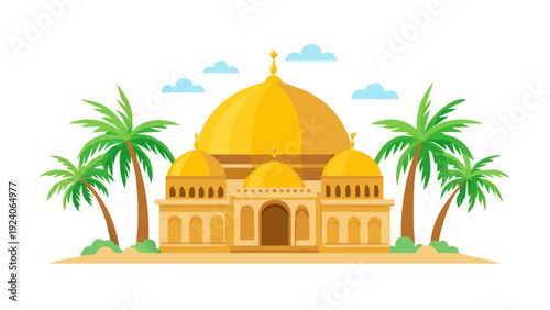 Golden mosque with palm trees