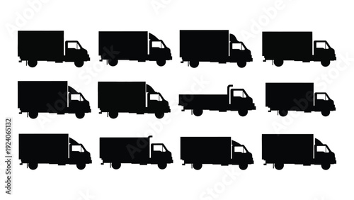 A collection of black silhouettes of various delivery trucks isolated on white background, Vector