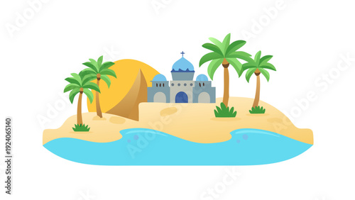 Tropical island with mosque and palm trees