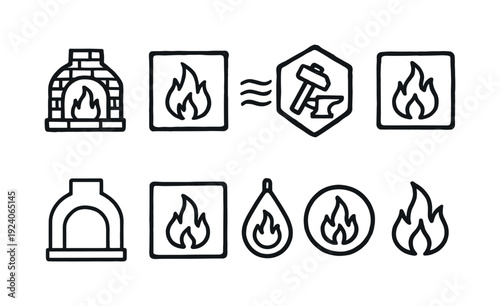 Fire safety linear icon set. Fireplace, flame, smoke, and extinguish symbols.